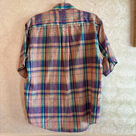 Super Thin Summer Weight 80s Pink Large Format Plaid Button Shirt Large L - Picture 2 of 11